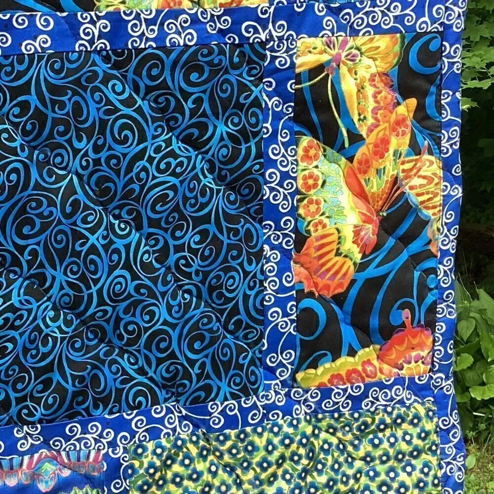 NWT. Hand Crafted Blue Butterflies Lap Quilt
